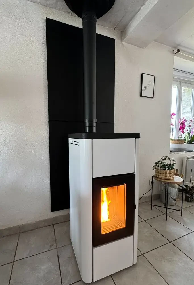 Intérieur résidentiel moderne avec poêle à bois contemporain en fonctionnement