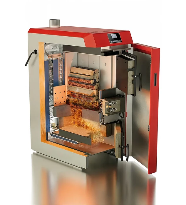 Intérieur résidentiel avec cheminée en fonctionnement, flammes visibles dans le foyer