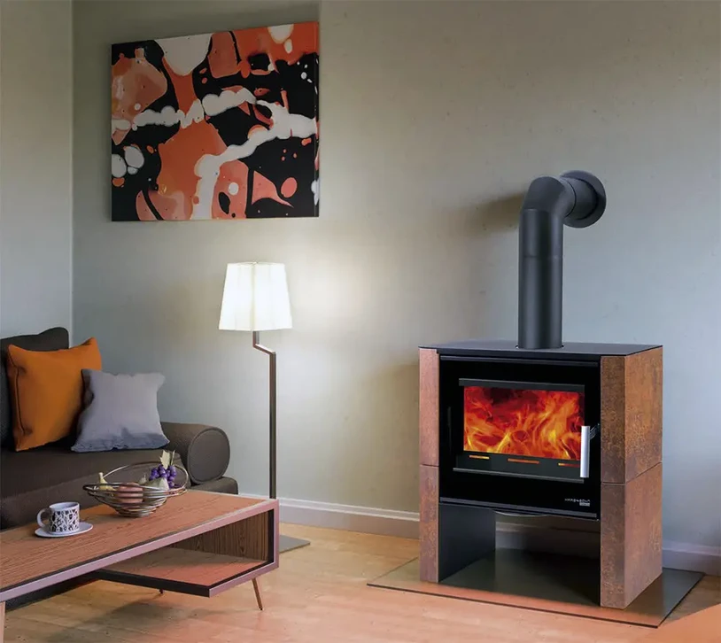 Int&eacute;rieur r&eacute;sidentiel moderne avec po&ecirc;le &agrave; bois en fonte noire en fonctionnement, flammes visibles